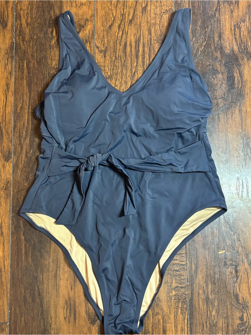 Blue Grey One-Piece Swimsuit with Waist Tie Size XL